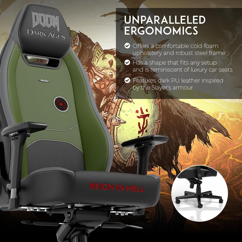 noblechairs Legend Gaming Chair – Doom: The Dark Ages Edition – Premium PU Leather, Adjustable Ergonomics, Lumbar Support, 4D Armrests – Officially Licensed Bethesda Collectible