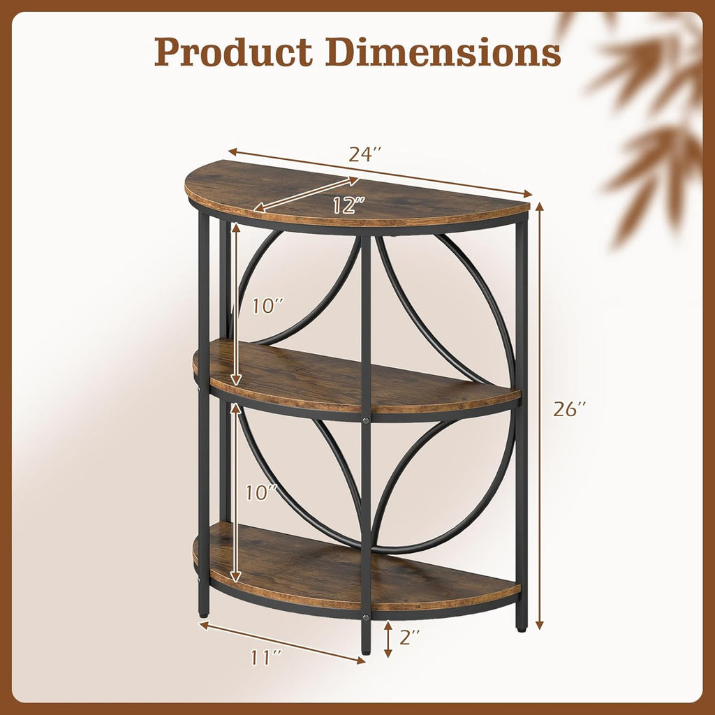 Giantex Half Round End Table - 3-Tier Narrow Sofa Side Table w/Study Metal Frame & Storage Shelves, Half Moon Circle Bedside Night Stand for Living Room Bedroom Small Spaces (Rustic Brown,1)