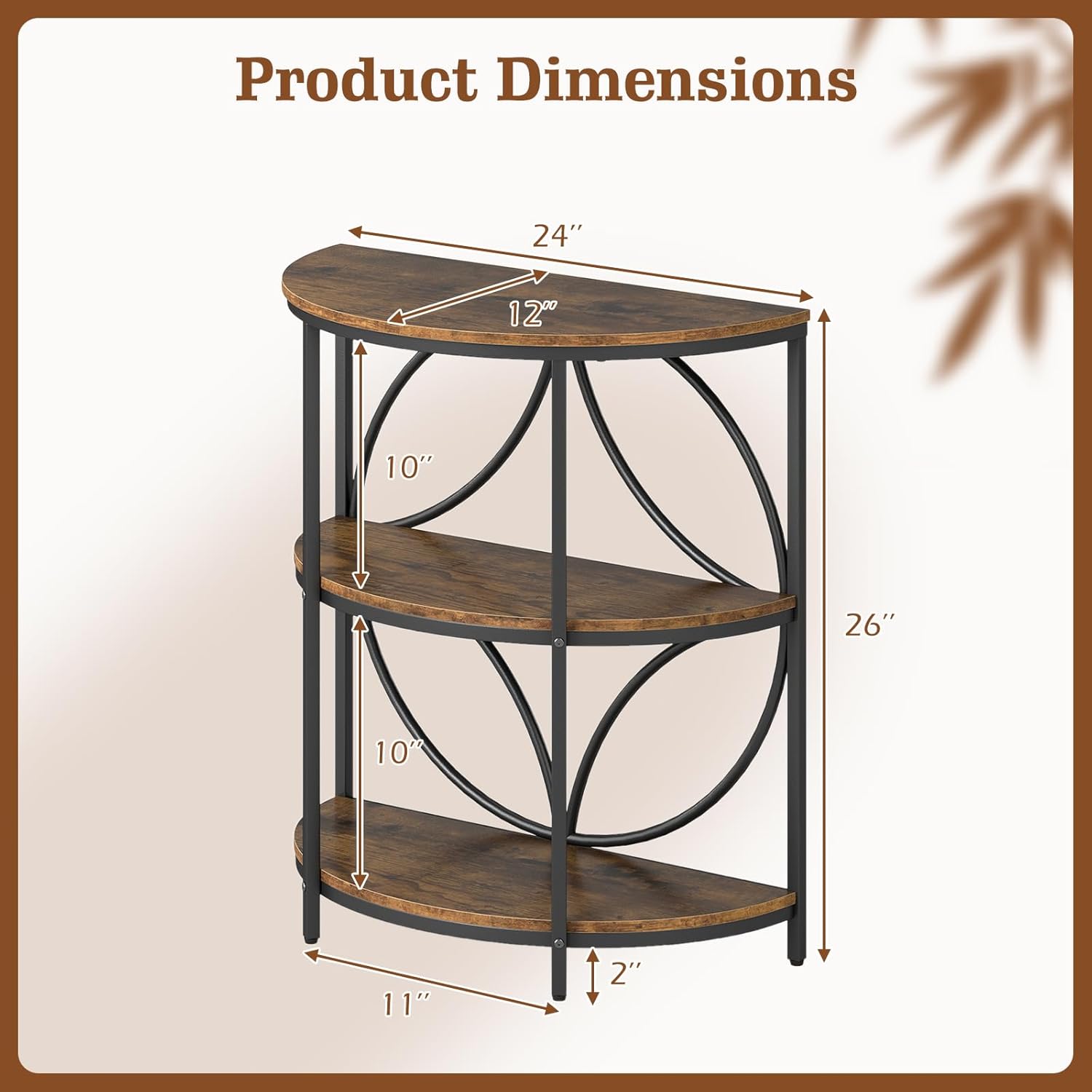 Giantex Half Round End Table - 3-Tier Narrow Sofa Side Table w/Study Metal Frame & Storage Shelves, Half Moon Circle Bedside Night Stand for Living Room Bedroom Small Spaces (Rustic Brown,1)