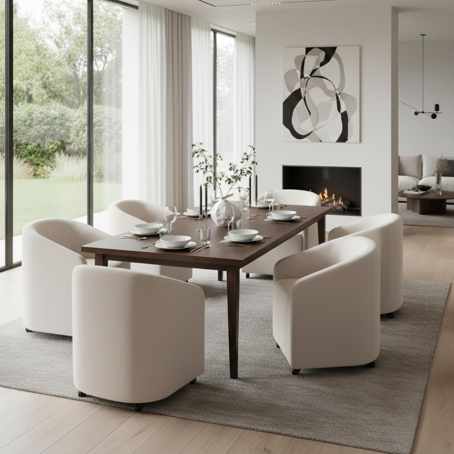 CIMOTA Linen Beige Barrel Dining Chairs with Wheels, Set of 2 — Modern Upholstered Swivel Dining Room Chairs on Casters for Kitchen or Living Room
