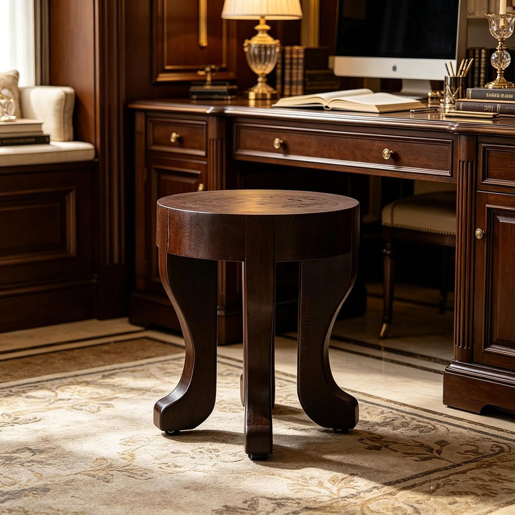 Rustic Round Wooden End Table, 13.5" H Dark Brown Solid Wood Accent Side Table with Sculptural Legs, Bedroom, Patio,