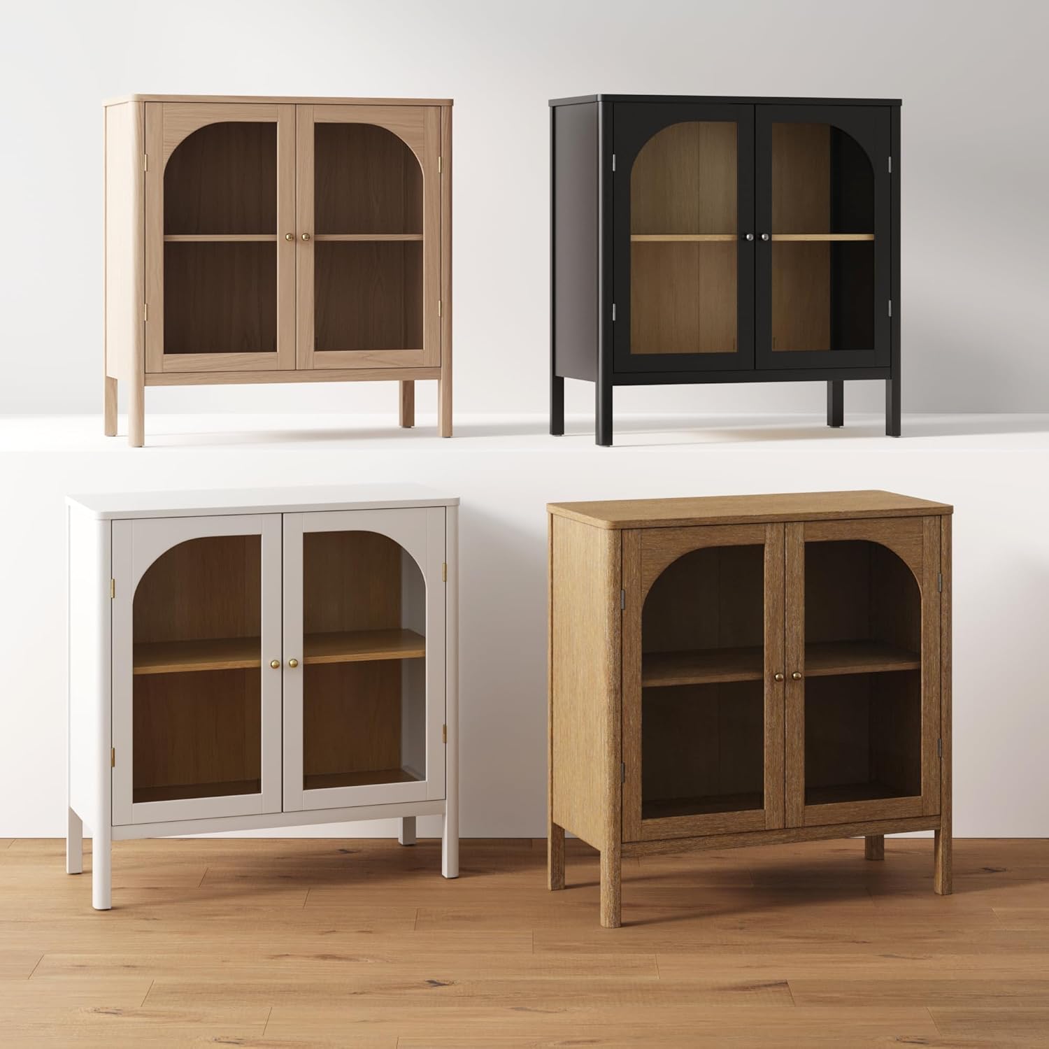 Nathan James Mason Modern Farmhouse TV Stand, Free Standing Accent Sideboard Buffet, Cabinet with Glass Doors and Adjustable Shelf, Clear Glass/Raw Oak Set of 2