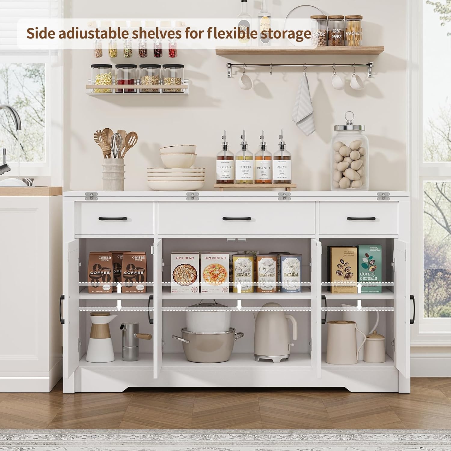 Yanosaku 55" Extendable Buffet Cabinet, Modern Farmhouse Kitchen Sideboard with 3 Drawers & Adjustable Shelves, Space-Saving Storage Credenza for Apartment, Small Spaces, Living Room, White