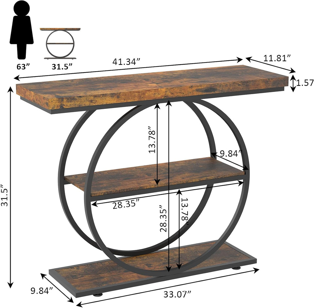 Arbuxzuy 41.3 Entryway Table, Industrial 3-Tier Narrow Console Table, Round Frame Foyer Table for Living Room, Hallway, Wood Accent Tables with Storage Shelves Brown & Black(Lagre)