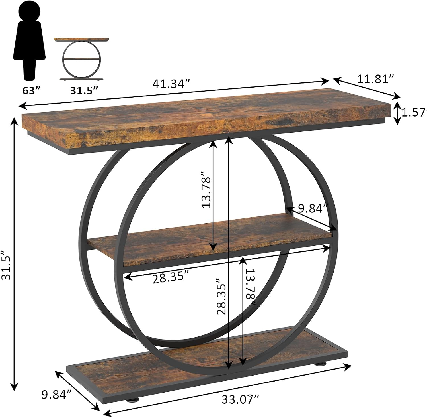 Arbuxzuy 41.3 Entryway Table, Industrial 3-Tier Narrow Console Table, Round Frame Foyer Table for Living Room, Hallway, Wood Accent Tables with Storage Shelves Brown & Black(Lagre)