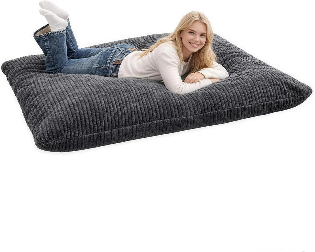 3 in 1 Giant Bean Bag Chair for Adults & Kids, Floor Futon Mattress, Couch & Floor Cushion, Comfy Reading Lounge Sofa, Soft Corduroy Washable Cover for Bedroom, Living Room & Dorm, Black