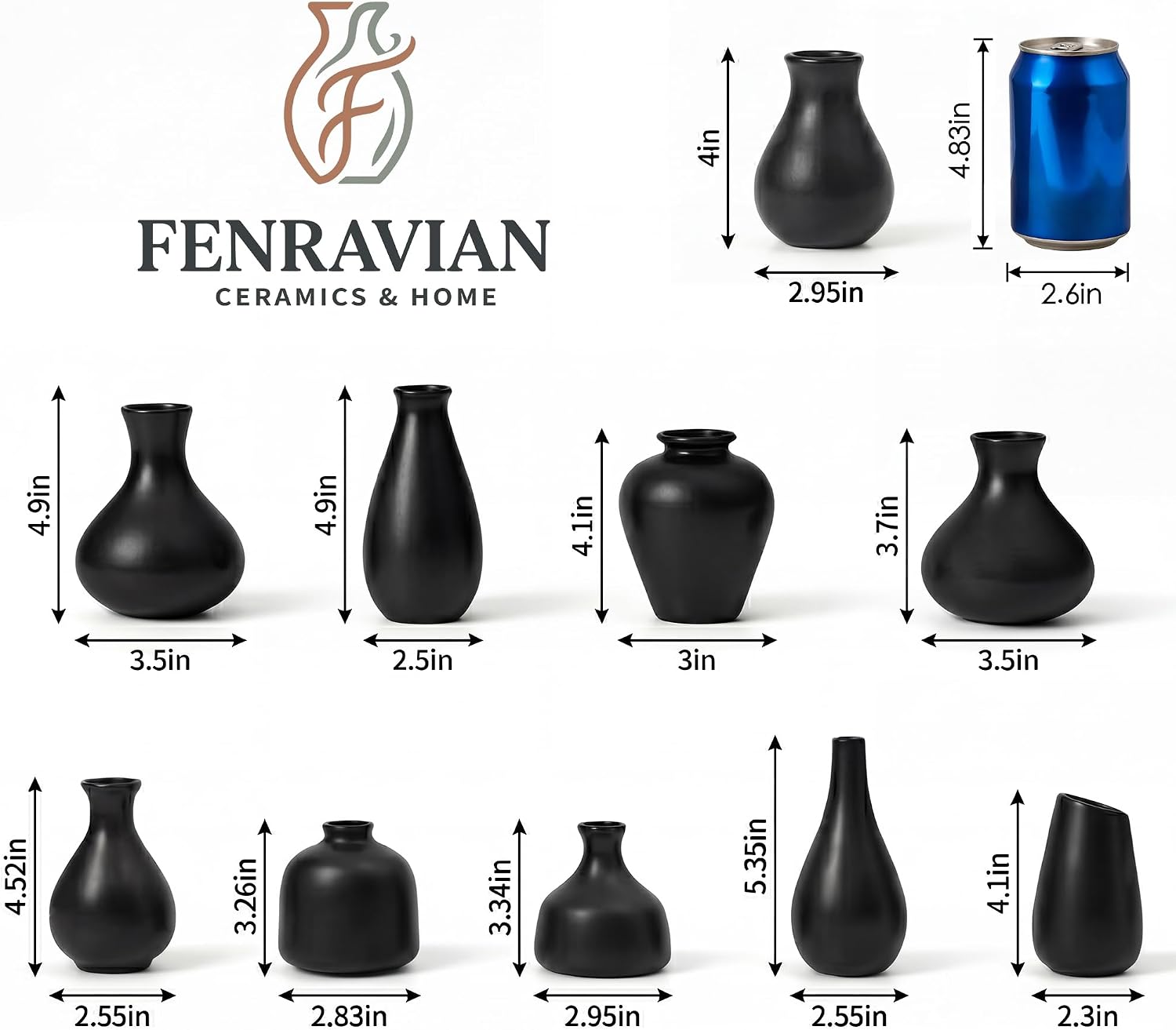 Black Ceramic Bud Vase Set of 10, Small Vases for Pampas Grass, Flowers, Mini Vases for Modern Home Decor, Minimalist Decor, for Living Room, Dining Table & Shelves