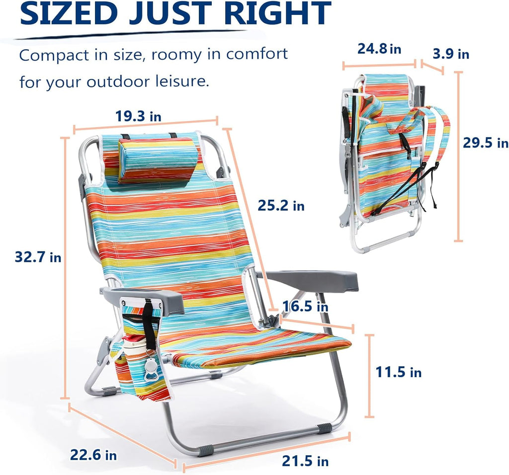 PASAMIC Backpack Beach Chair for Adults Portable, Lay Flat Reclining Beach Chair with 5 Positions, Tall Heavy Duty Folding Chairs with Cup Holder, Cooler Pouch, Storage Pouch, Multicolor Stripe