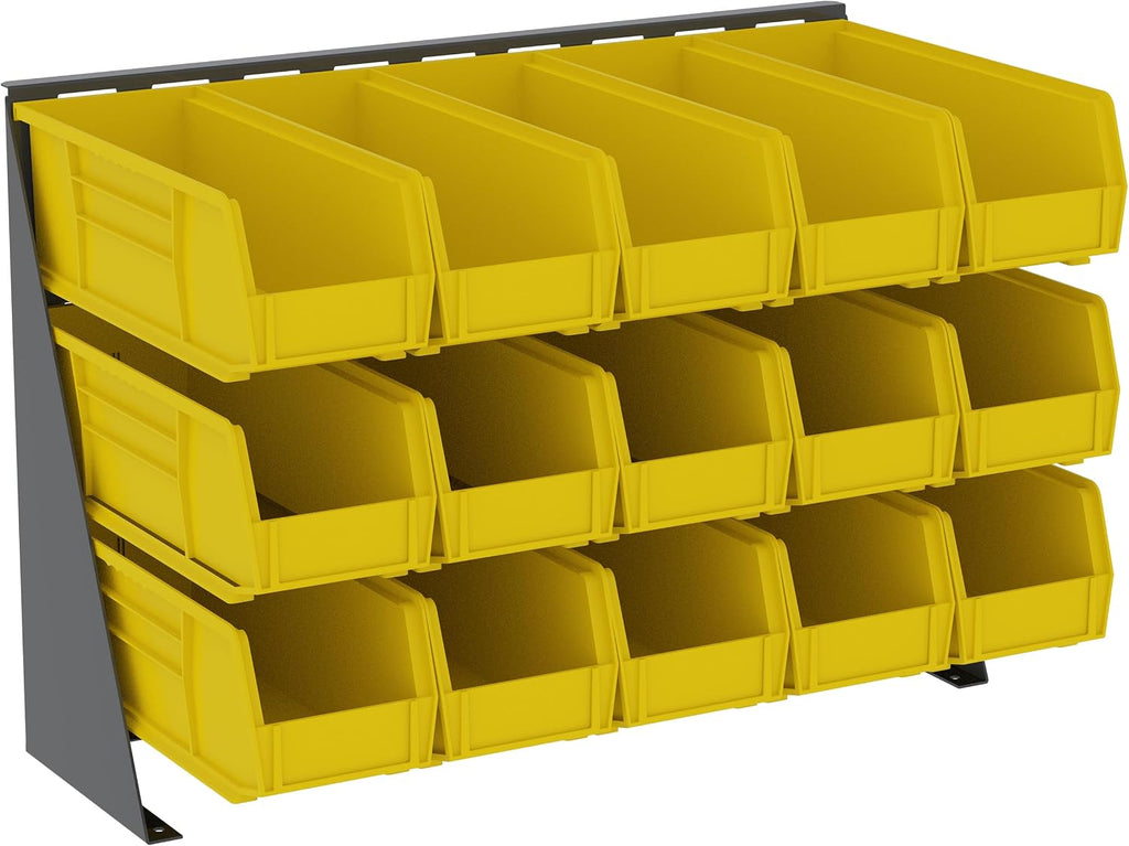 Akro-Mils 28"x8"x20" Steel Louvered Panel Work Bench Storage Rack with 12-Pack of 15 x5 x5 AkroBins Stackable Plastic Storage Bins (Blue), Organization Bundle for Garage, Workshop, Classroom