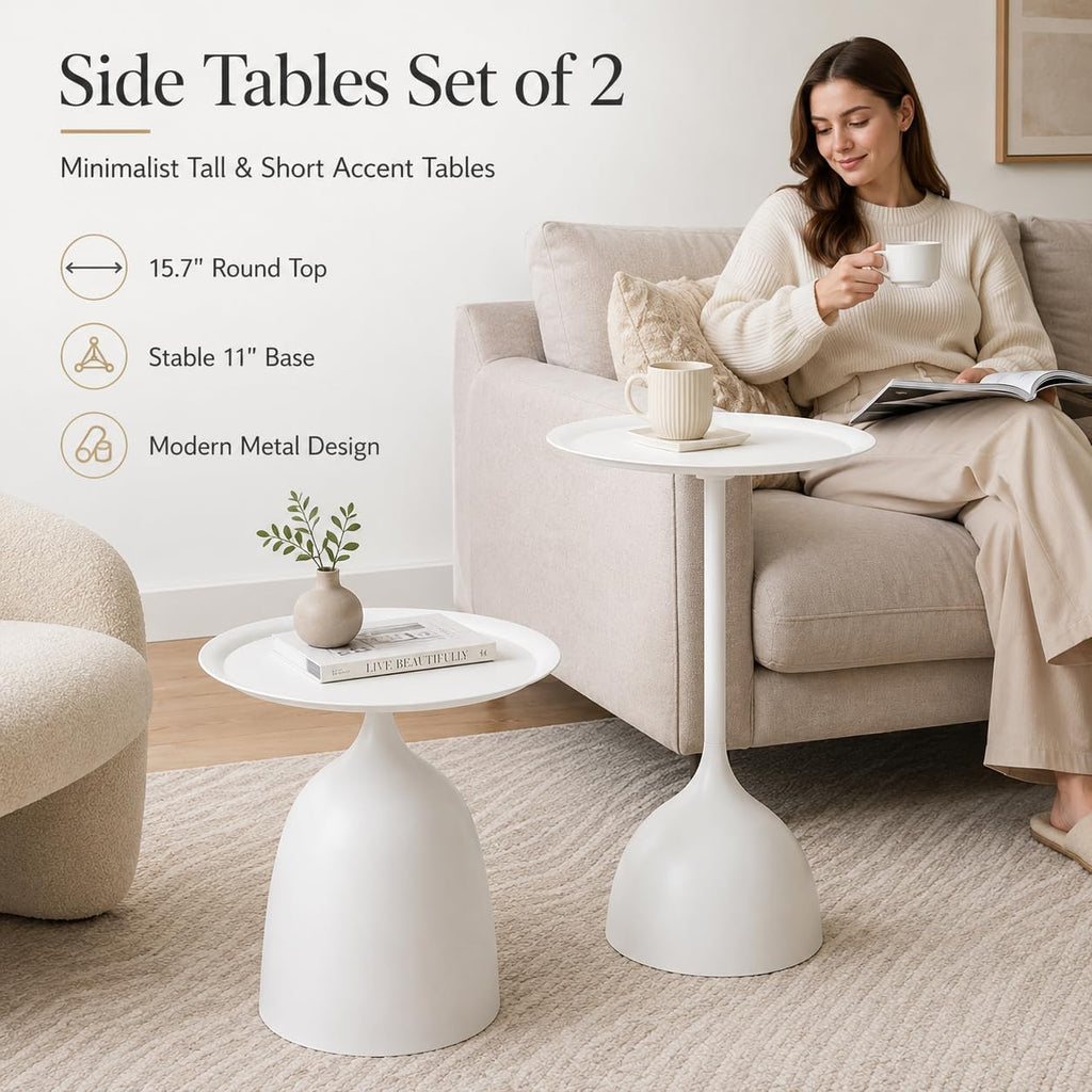 Side Tables Set of 2, 15.7'' Metal Round End Tables with Round Base, Small Accent Tables for Living Room Bedroom Sofa, Minimalist Side Table Set with Tall and Short (White)