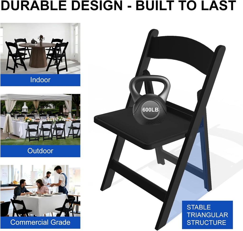 Resin Folding Chairs with Cushion - 4 Pack Black Folding Chairs, Lightweight Plastic Chairs, Comfortable Foldable Chairs for Wedding, Party, Home, Event, Indoor/Outdoor Use, 600lbs Capacity