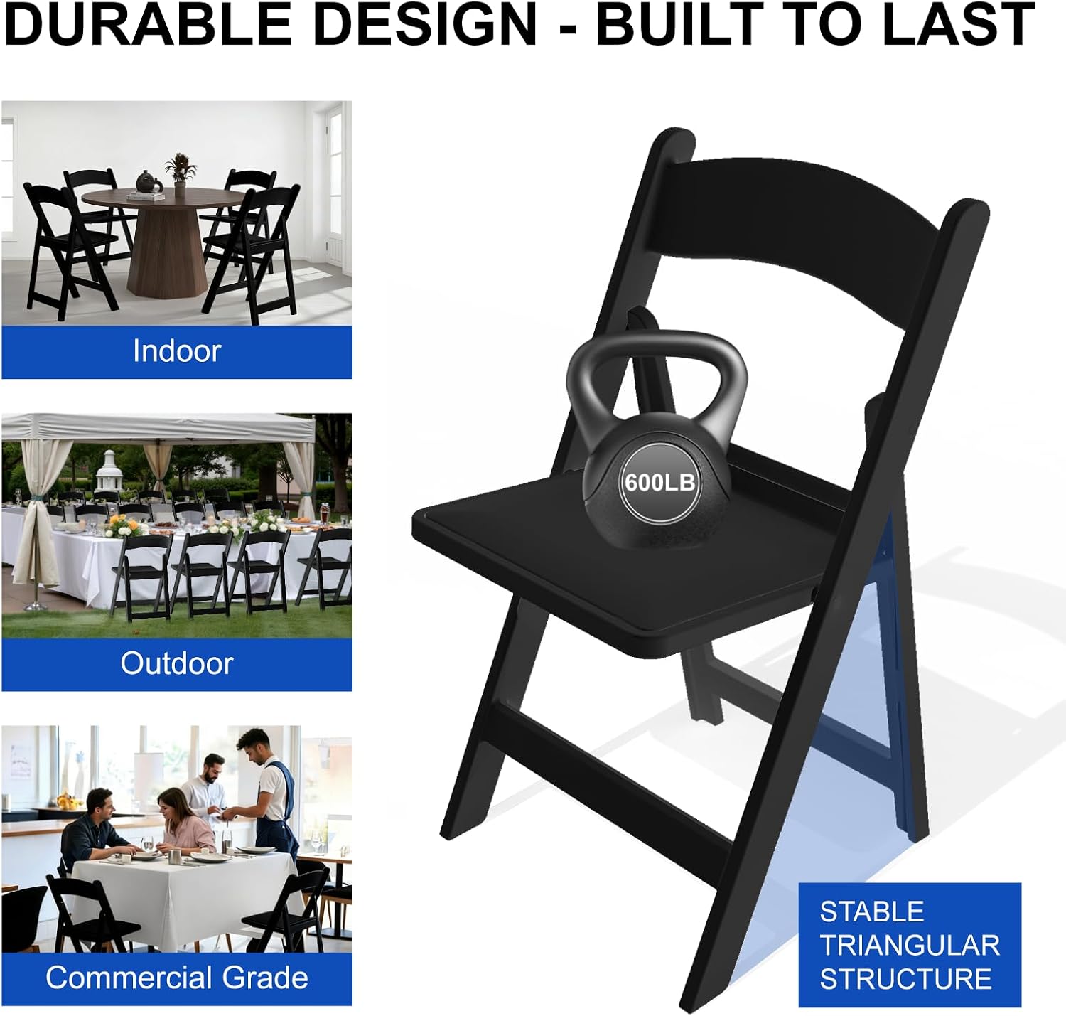 Resin Folding Chairs with Cushion - 4 Pack Black Folding Chairs, Lightweight Plastic Chairs, Comfortable Foldable Chairs for Wedding, Party, Home, Event, Indoor/Outdoor Use, 600lbs Capacity