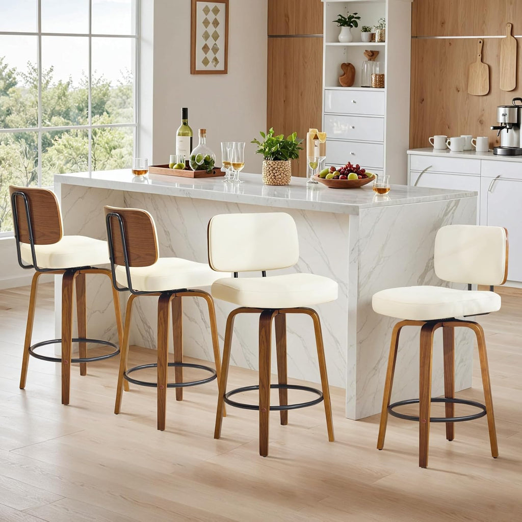 Counter Height Bar Stools Set of 3, 26+inch Swivel Faux Leather Barstool with Back, Upholstered Mid-Century Modern Bar Chairs with Bent Wood Legs for Kitchen Counter, Dining Room, Cream White