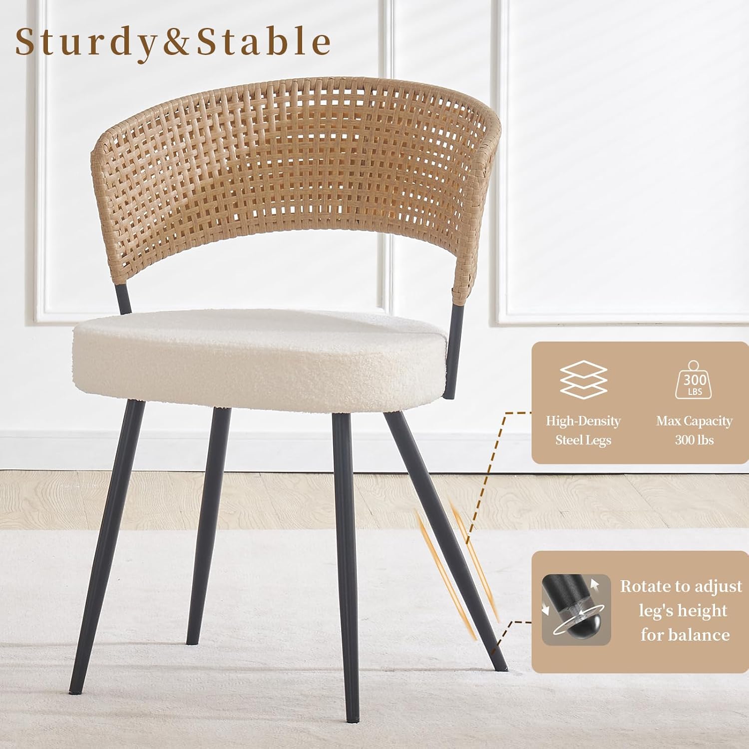 Rattan Dining Chairs Set of 4, Wing Back Dining Chairs Set of 4, PE Wicker Chairs, Cane Back Kitchen Chair with Boucle Cushion,Boucle Seat with Metal Legs for Kitchen, Bedroom