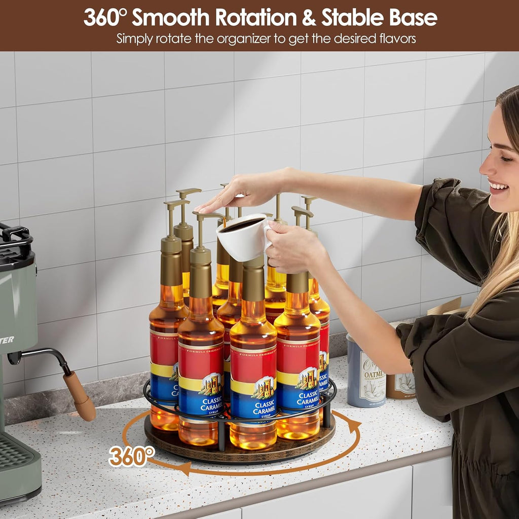 Nuovoware 9 Bottles Rotating Coffee Syrup Rack, Brown+Black | Carbon Steel Frame, Wooden Base Bottle Holder, for Coffee Flavored Syrups Table Top Thermos Liquor