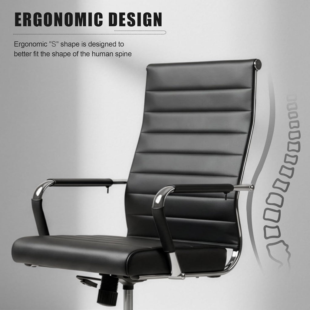 Okeysen Office Desk Chair, Ergonomic Leather Modern Conference Room Chairs, Executive Ribbed Height Adjustable Swivel Rolling Chair for Home Office. (Black)