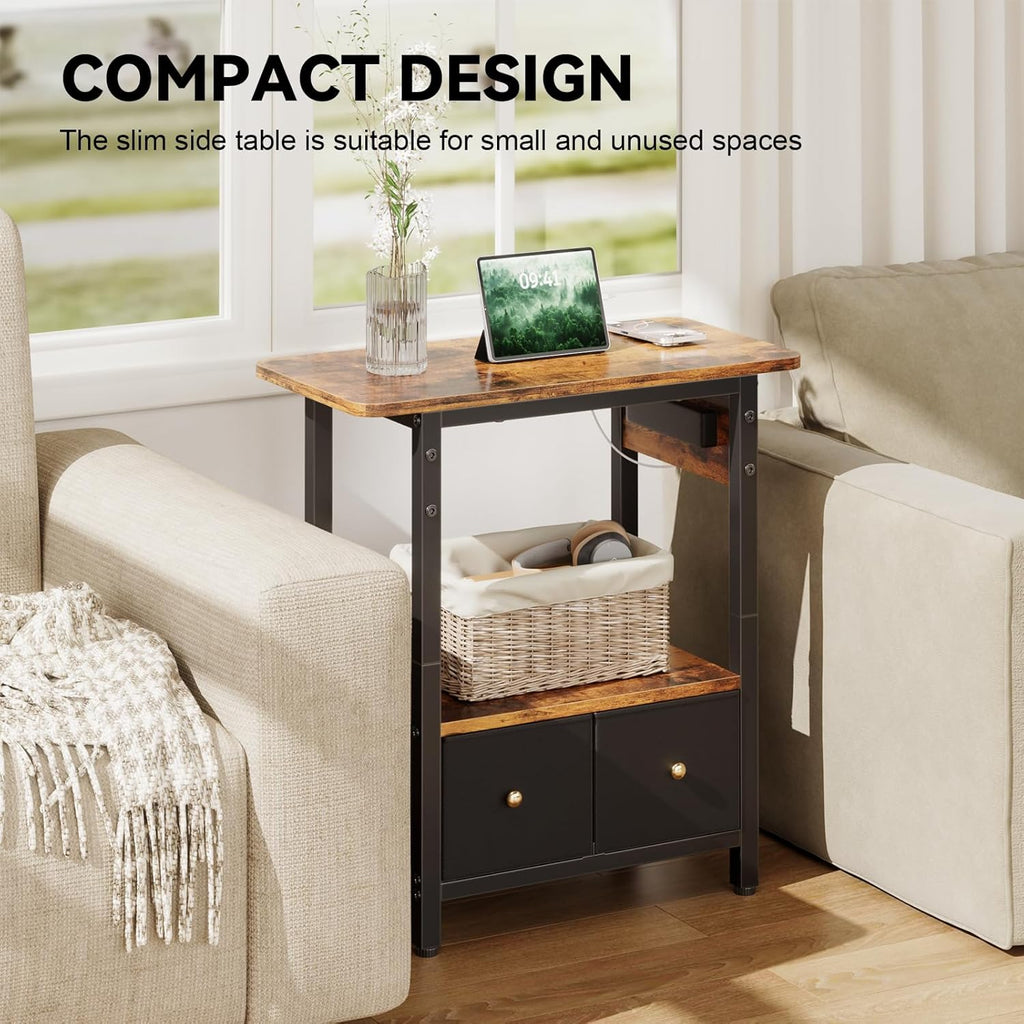 HLDIRECT 24" W End Table with Charging Station & USB Ports (Rustic Brown) | 2 Fabric Drawers & Storage Shelf ,Max Load 45 lbs, FSC-Certified MDF Wood, Metal Frame, Bedside Table for Small Space