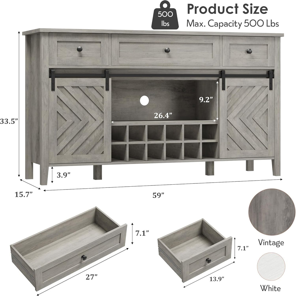 CABIHOME Farmhouse 47.2'' Buffet Cabinet with Sliding Barn Door, 33.4'' Tall Wood Rustic Sideboard with 3 Drawer, Adjustable Shelf and Removable Wine Rack (Vintage, 59'')