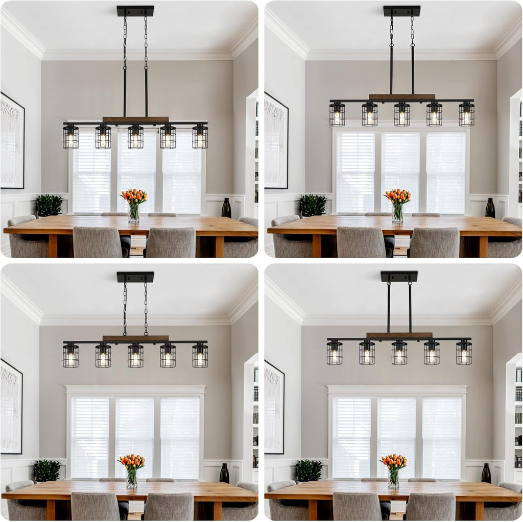 36" Farmhouse Kitchen Light Fixture, Black Hanging Kitchen Chandelier, 5-Light Rustic Dining Room Light Adjustable Height with Wood and Metal Frame, Suit for Farmhouse, Industrial Style