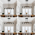 36" Farmhouse Kitchen Light Fixture, Black Hanging Kitchen Chandelier, 5-Light Rustic Dining Room Light Adjustable Height with Wood and Metal Frame, Suit for Farmhouse, Industrial Style