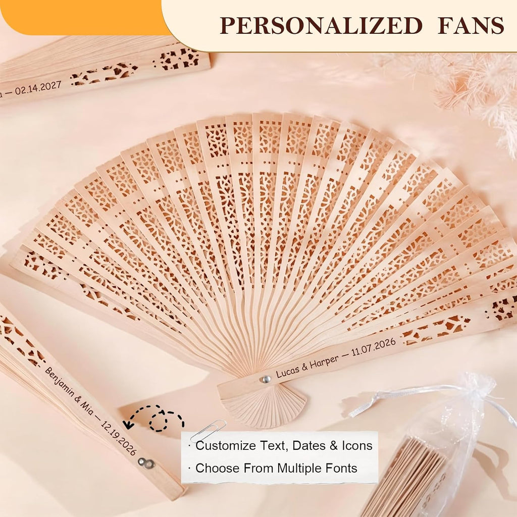 Personalized Wedding Fans for Guests, Custom Wooden Folding Hand Fans, Engraved Name Date, Bulk Wedding Favors Gifts