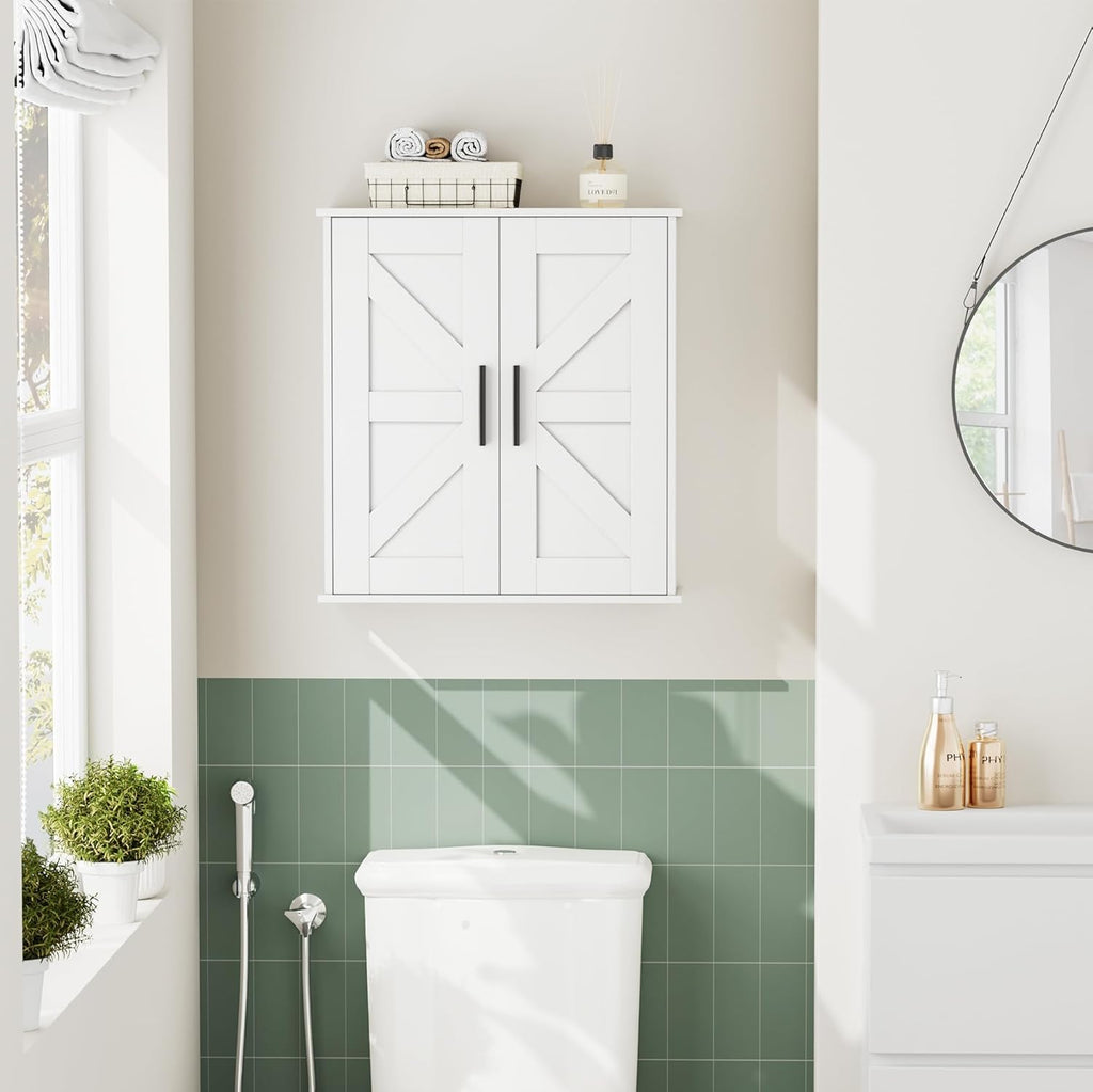 Homleke Bathroom Wall Cabinet, Over Toilet Storage Cabinet with Barn Doors and Adjustable Shelves, 3-Tier Medicine Cabinet Wall Mounted, for Bathroom, Kitchen, Entryway, Laundry Room, White, (7.9" D)