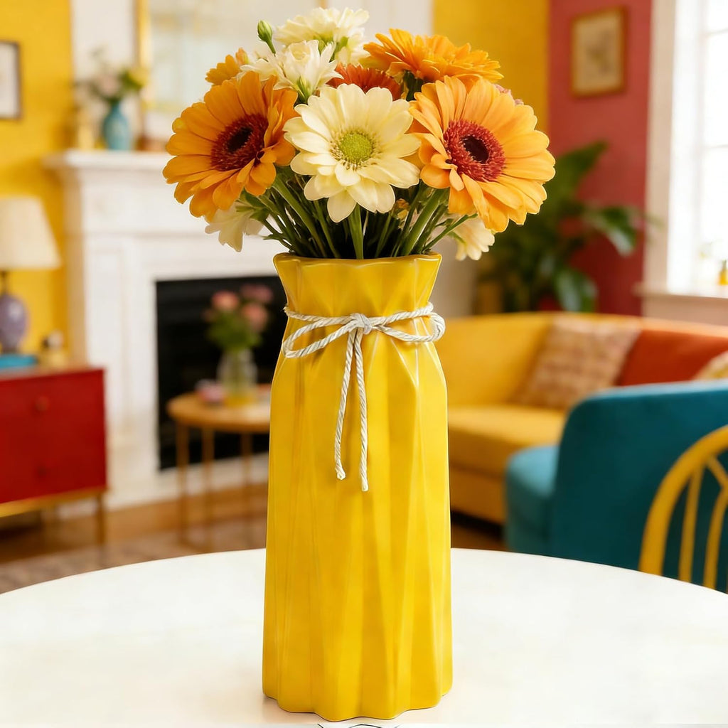 Disoza Ceramic Vase for Home Decor Yellow Flowers 9.5" H x 3.9" W Modern Flower Vase for Pampas Grass Dried for Living Room Decorations Porcelain Tulip Vases for Table Kitchen Decor