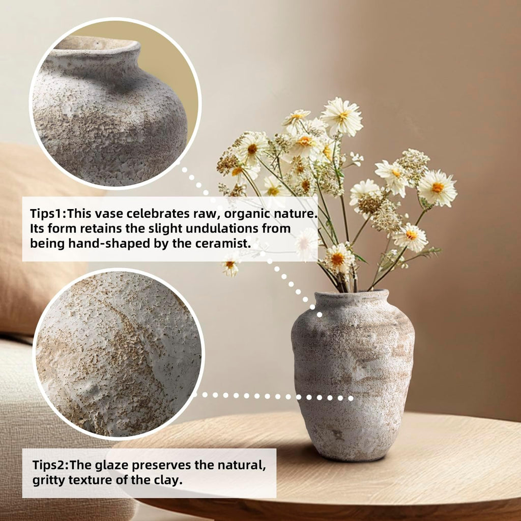 DIF DECO Ceramic Farmhouse Vase Rustic Decor,Pottery Decorative Flower Vases for Home Decor,Boho Vase for Table, Living Room,Bathroom,Shelf,Mantel Decoration,7.7 inch