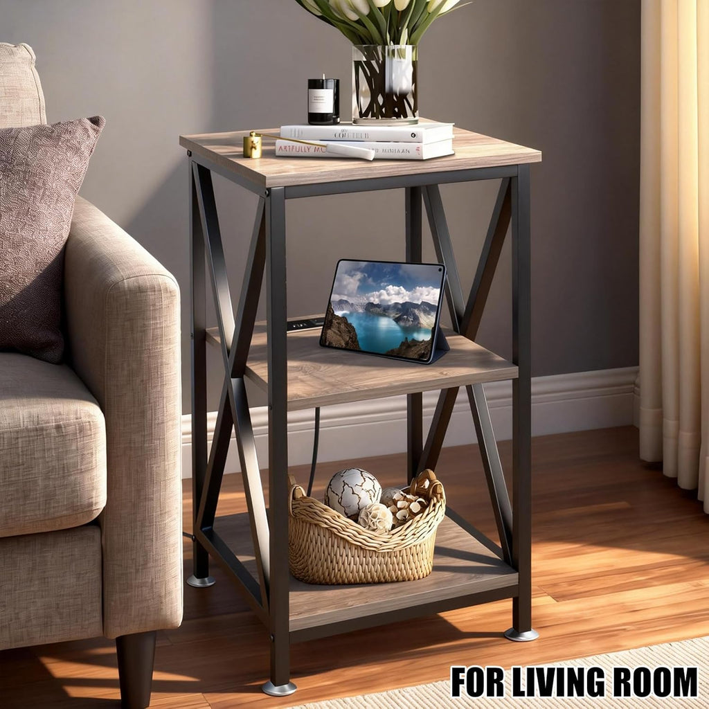 Square End Table with Charging Station, 3-Tier End Table Living Room, 16" D X 16" W X 28" H, Wood and Metal Table with USB Ports and Outlets, Side Table with Wheels for Living Room, Bedroom, Grey