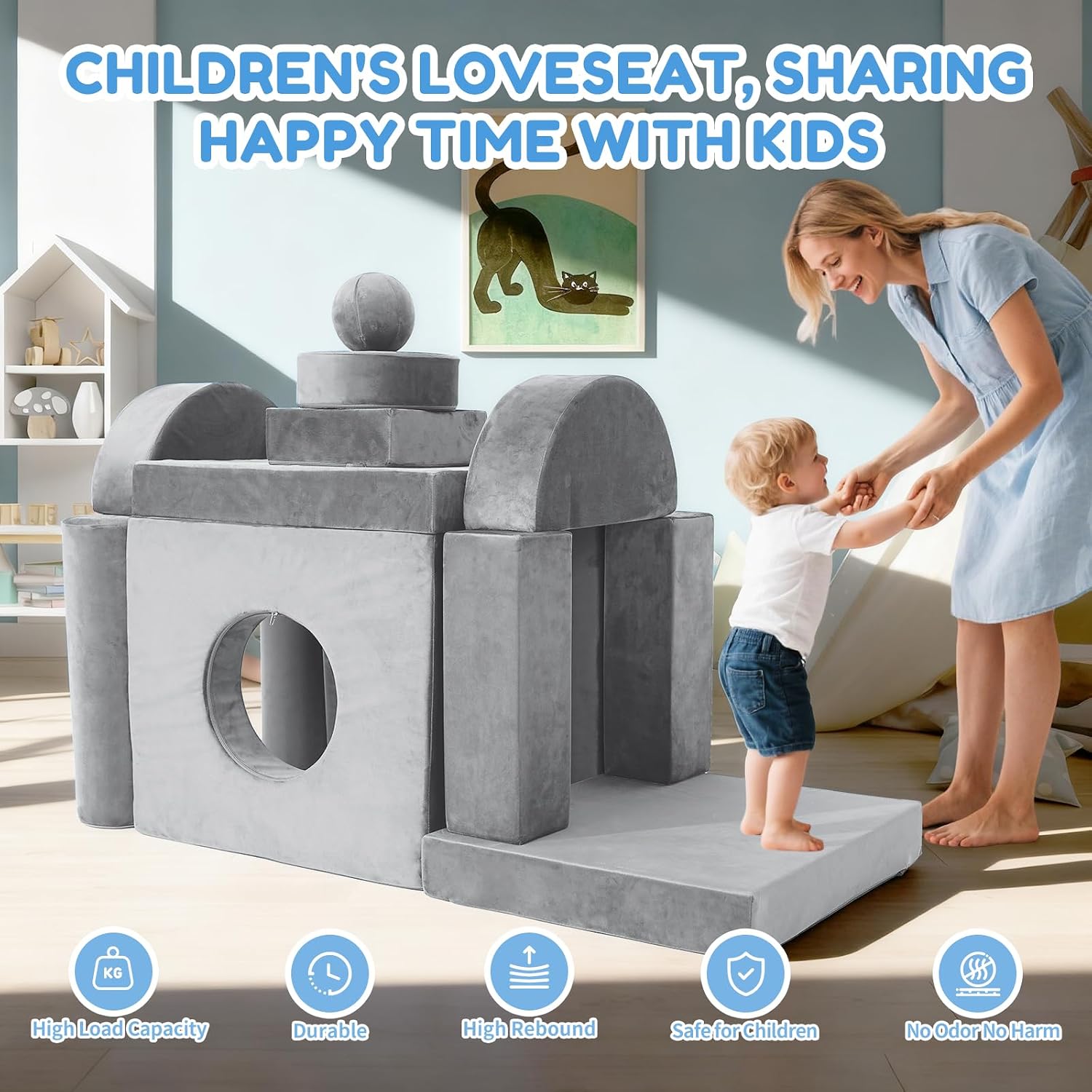 Modular Kids Play Couch 13Pcs Kids Sofa for Playroom, Bedroom, Nursery and Living Room Fold Out SofaBed Unlimited Creativity Sofas Convertible Play Fort (Dark Grey)