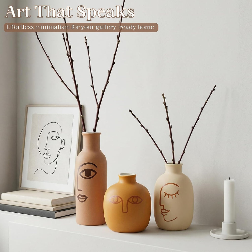 Abstract Face Ceramic Vases Set of 3, Modern Boho Matte Ceramic Vase Set for Home Decor, Rustic Farmhouse Decorative Flower Vases for Shelf, Coffee Table, Mantel and Entryway