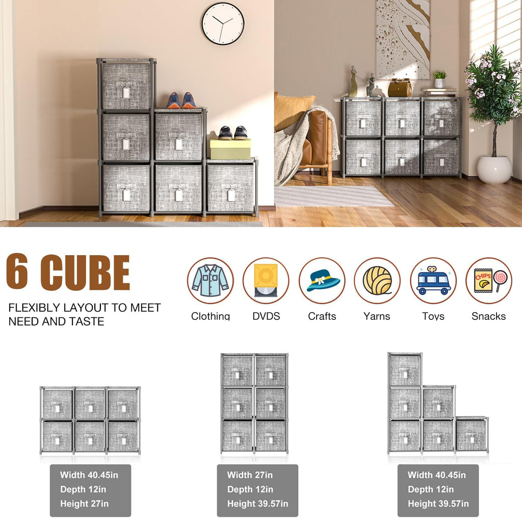 LUKYTOWER Cube Storage Organizer Shelf with 6 Printed Bins + Labels, Adjustable Modular Cubby Storage Organizer with Bins, Large Capacity Shelves for Storage,Closet, Living Room, Dorm, Yarn