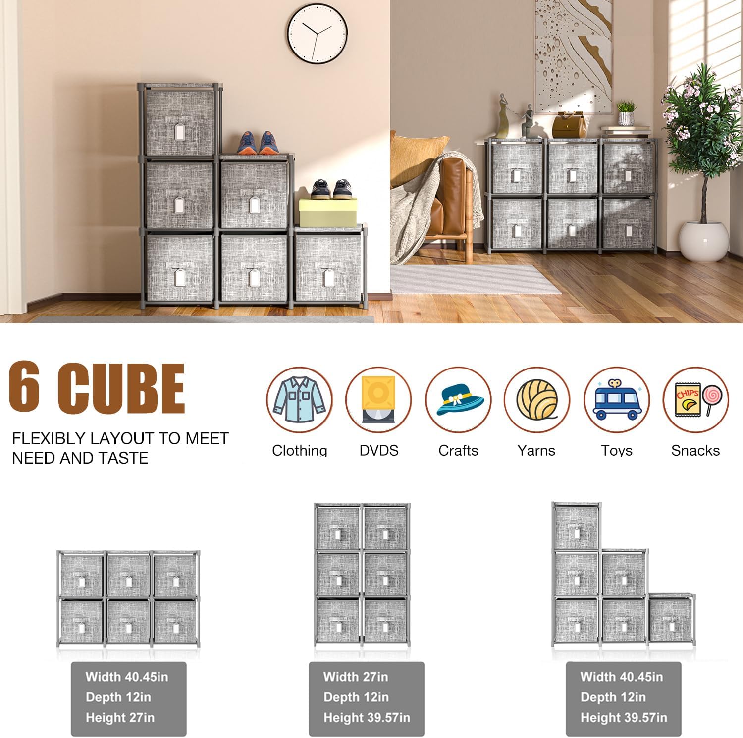 LUKYTOWER Cube Storage Organizer Shelf with 6 Printed Bins + Labels, Adjustable Modular Cubby Storage Organizer with Bins, Large Capacity Shelves for Storage,Closet, Living Room, Dorm, Yarn