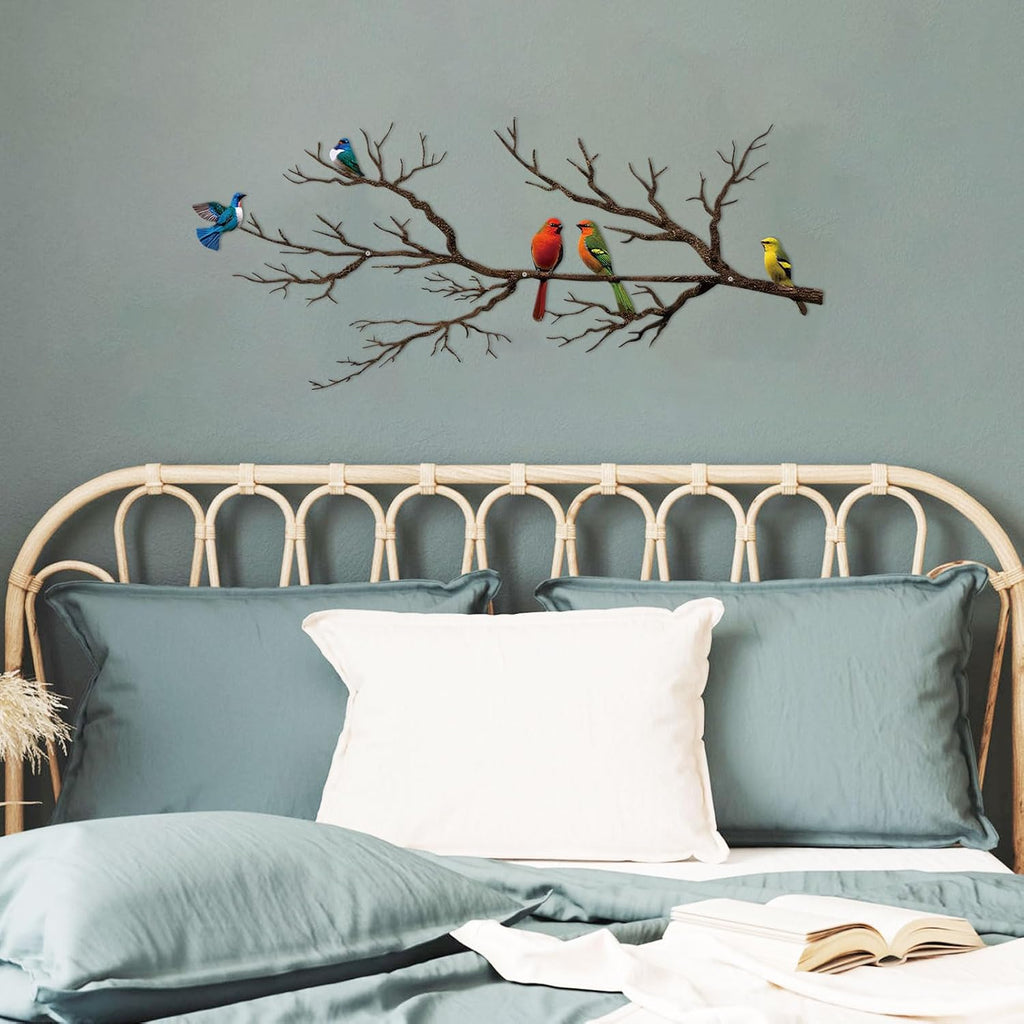 ESTART Metal Birds Wall Art, Metal Vivid Birds on Branch Silhouette Wall Decor Black Leaves with Bird Outdoor Hanging Wall Sculpture for Home Balcony Garden (Vintage Color, Small)