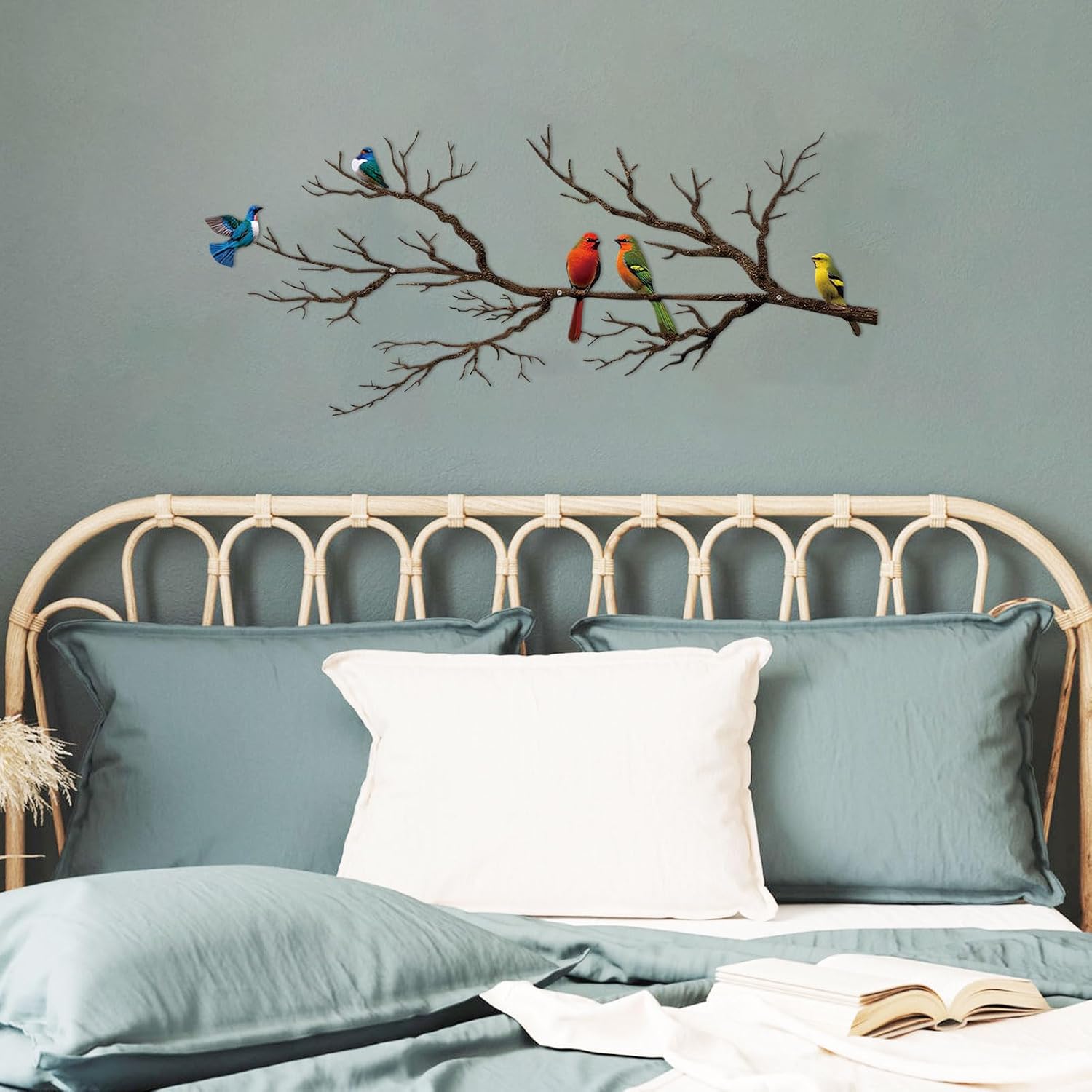 ESTART Metal Birds Wall Art, Metal Vivid Birds on Branch Silhouette Wall Decor Black Leaves with Bird Outdoor Hanging Wall Sculpture for Home Balcony Garden (Vintage Color, Small)