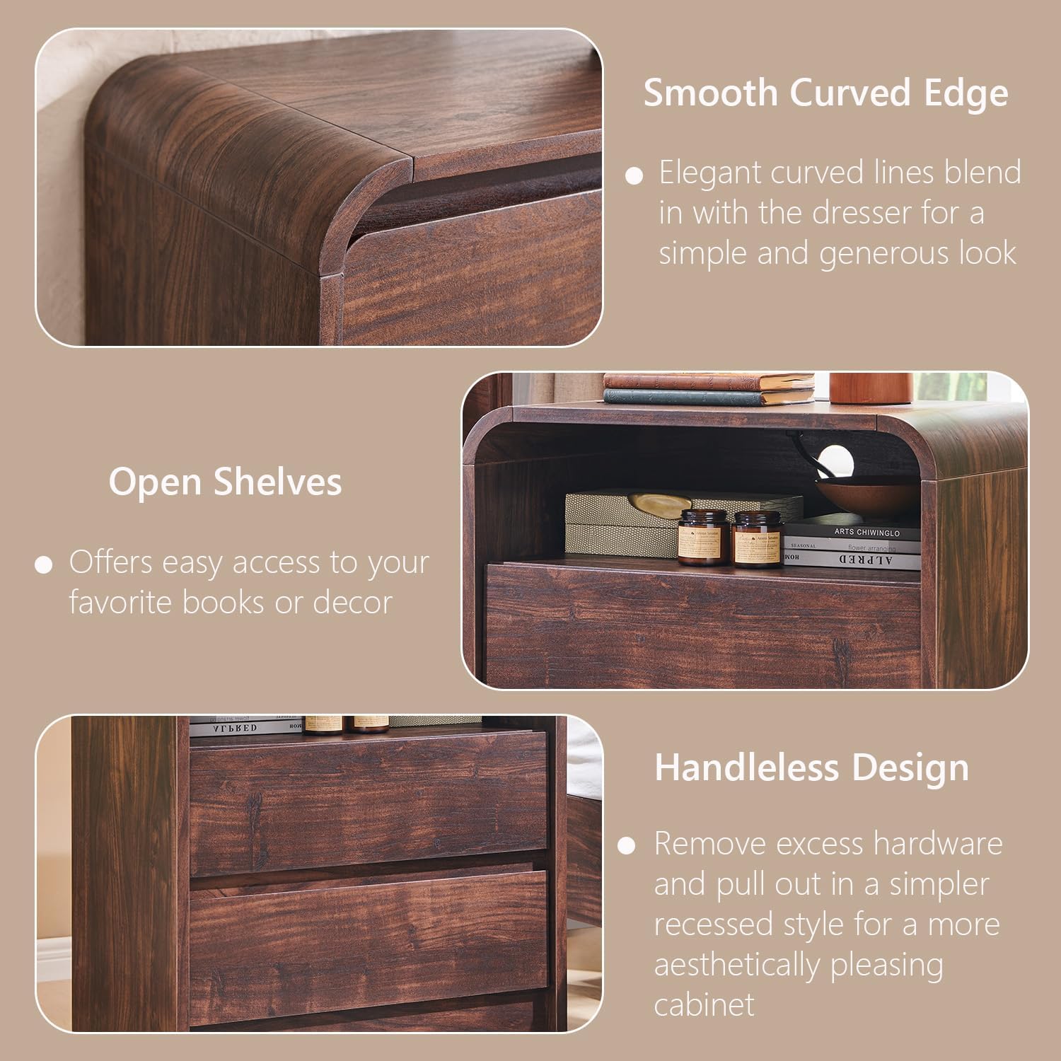 Aitjunz 25" Tall Modern Nightstand with Charging Station, 23.6'' Wide Wood Bedside Table w/2 Storage Drawers, Large Mid Century End Table for Bedroom, Living Room, Curved Profile Design, Brown
