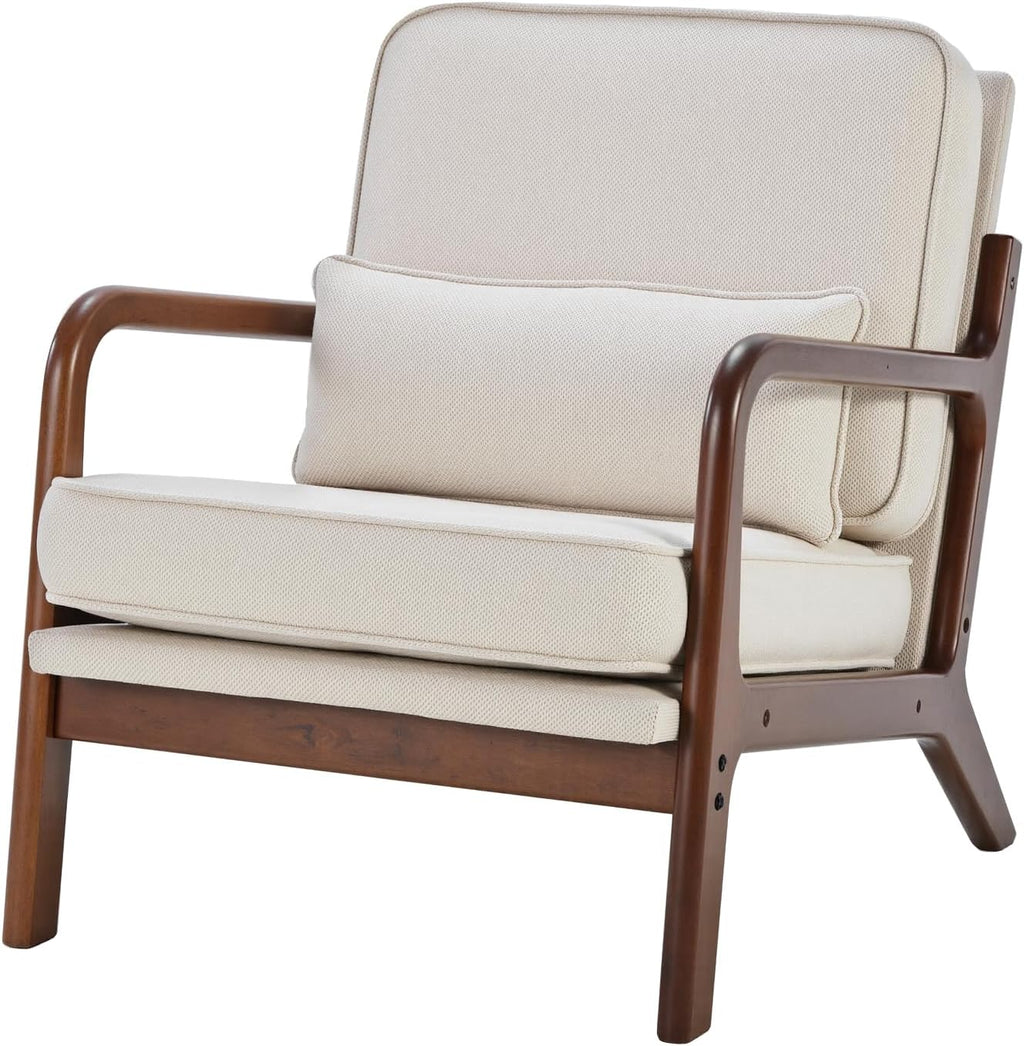 DUMOS Mid Century Modern Accent Chair, 16'' Seat Height Cozy Lounge Chair | Upholstered Armchair with Waist Cushion and Wood Frame for Living Room, Bedroom, Reading Nook, Home Corner, Balcony, Beige
