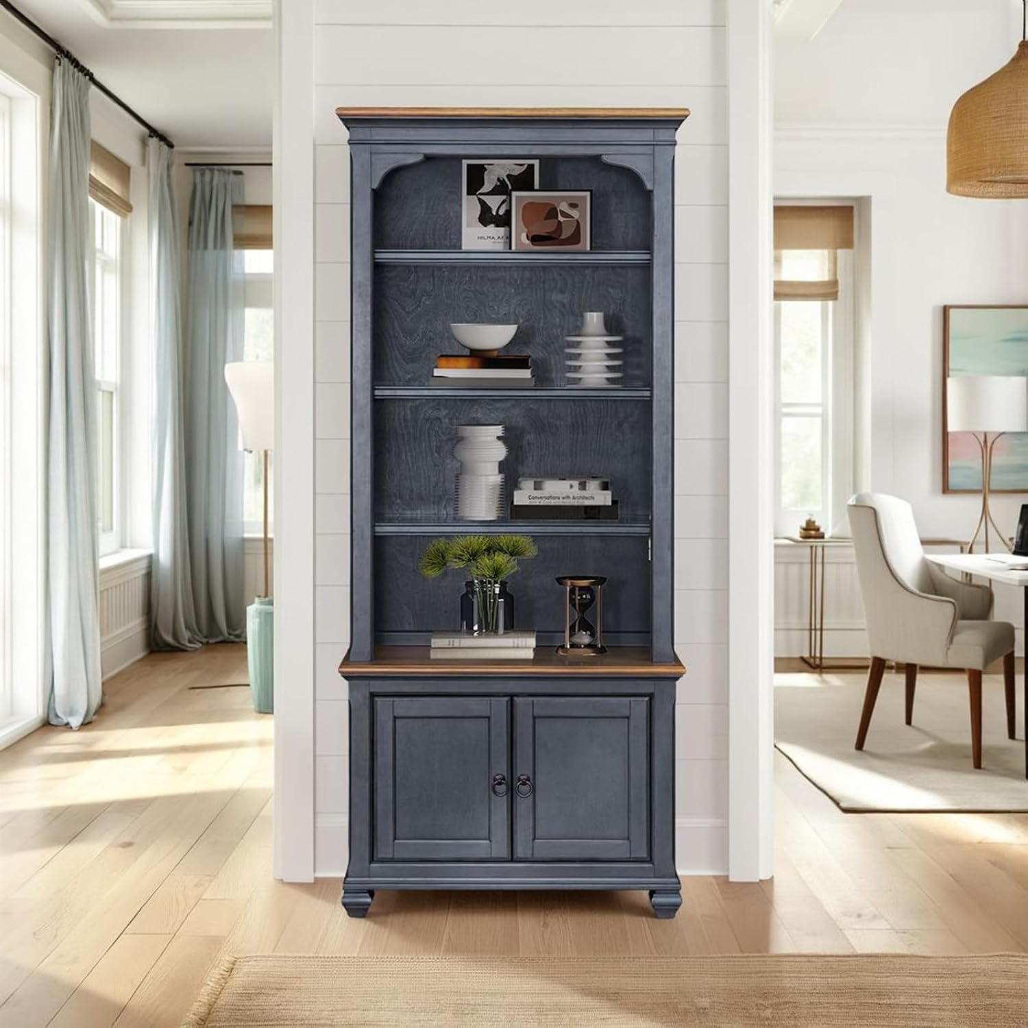 84" High Kitchen Sideboard, Wooden Storage Cabinet, No Assembly Required, with 4 Shelves and 2 Panel Doors, Corduroy Blue Finish, for Kitchen, Dining Room, Living Room, Blue
