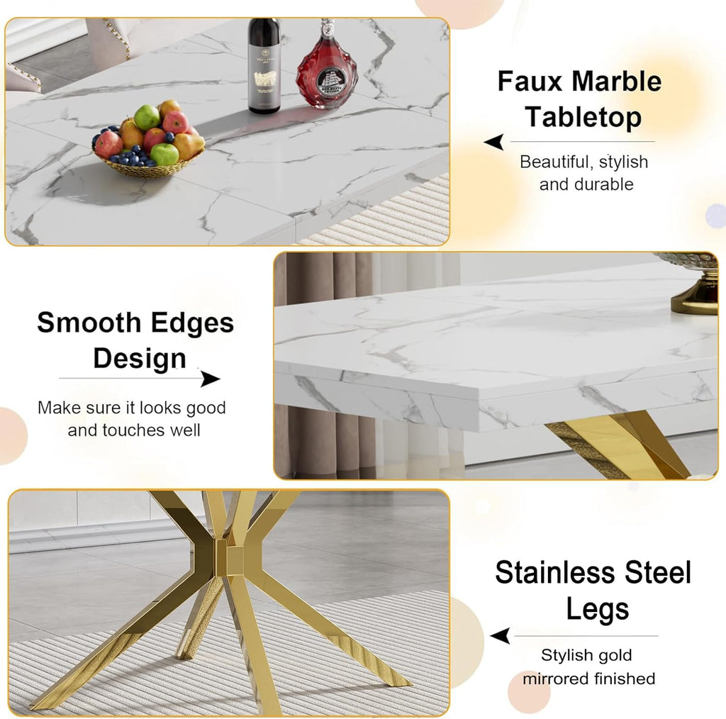 70 inch Faux Marble Dining Table for 4-6, Modern Kitchen Table with White Faux Marble Tabletop, Gold Stainless Steel X Base, Rectangular Dining Room Table for Dinner, Party, Meeting, Celebration