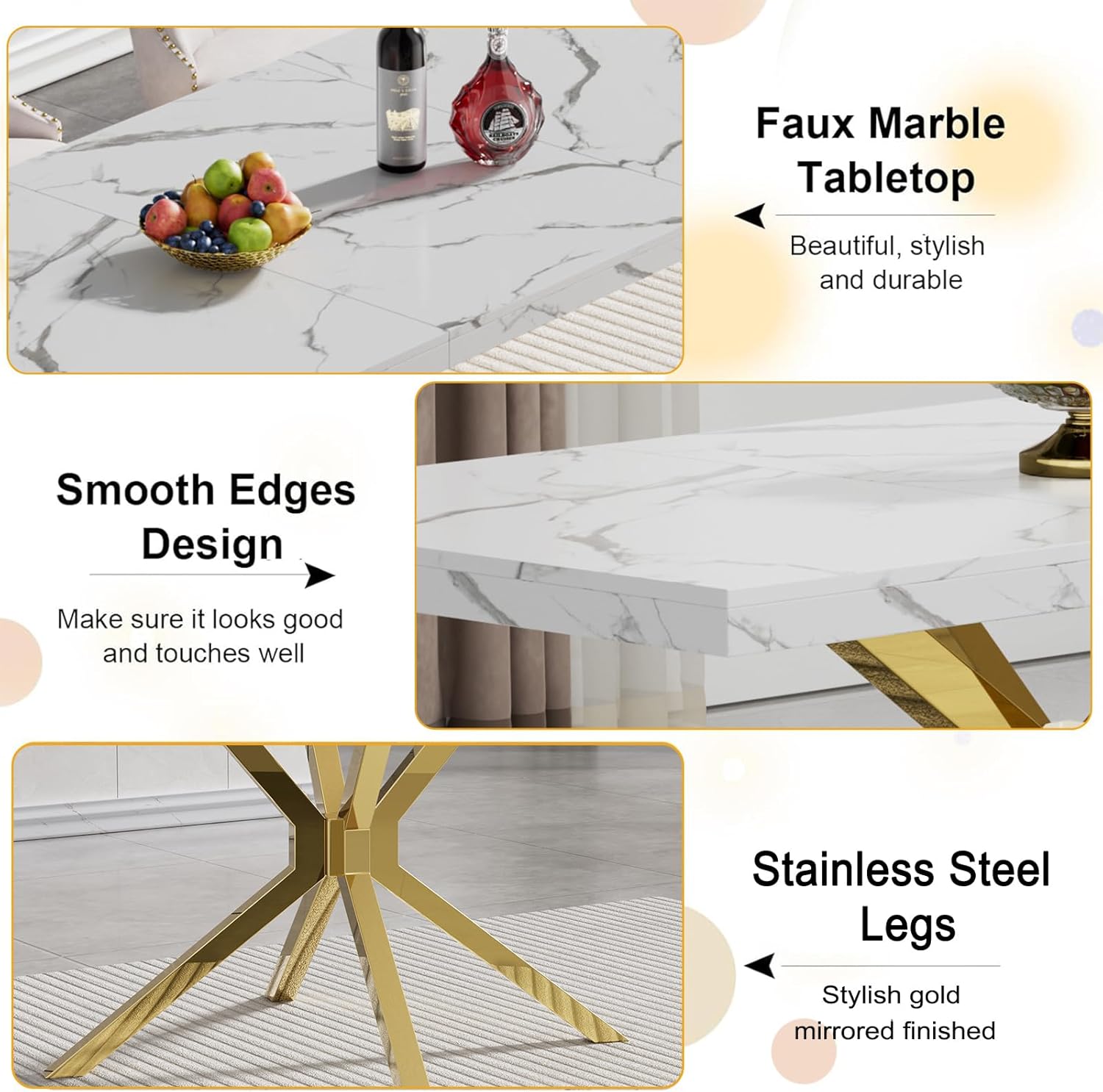 70 inch Faux Marble Dining Table for 4-6, Modern Kitchen Table with White Faux Marble Tabletop, Gold Stainless Steel X Base, Rectangular Dining Room Table for Dinner, Party, Meeting, Celebration