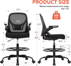Drafting Chair, Tall Office Chair with Adjustable Footrest Ring, Standing Desk Chair with Flip-Up Armrests, Breathable Mesh High Desk Chair for Counter Height Desk, Black