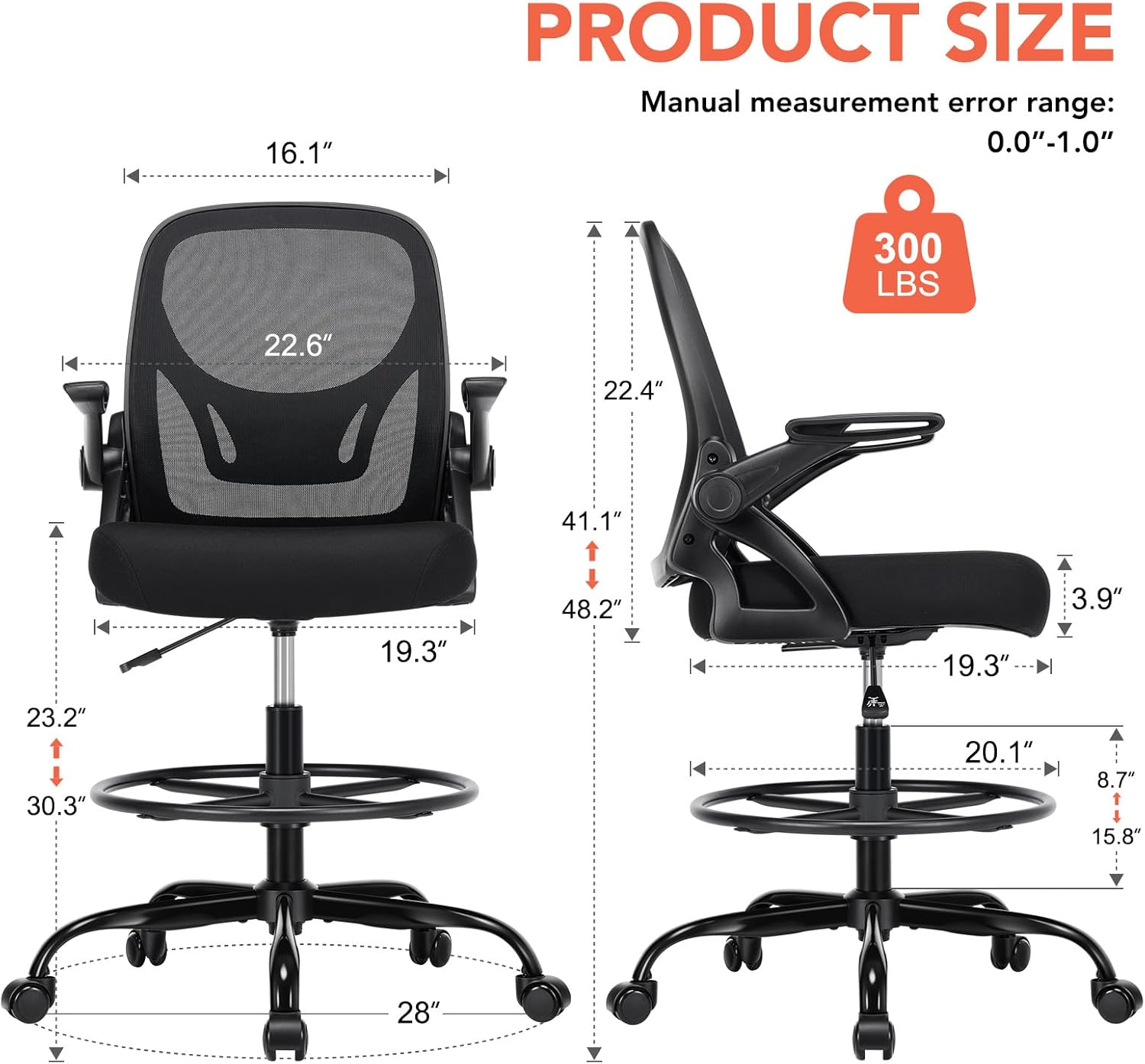 Drafting Chair, Tall Office Chair with Adjustable Footrest Ring, Standing Desk Chair with Flip-Up Armrests, Breathable Mesh High Desk Chair for Counter Height Desk, Black