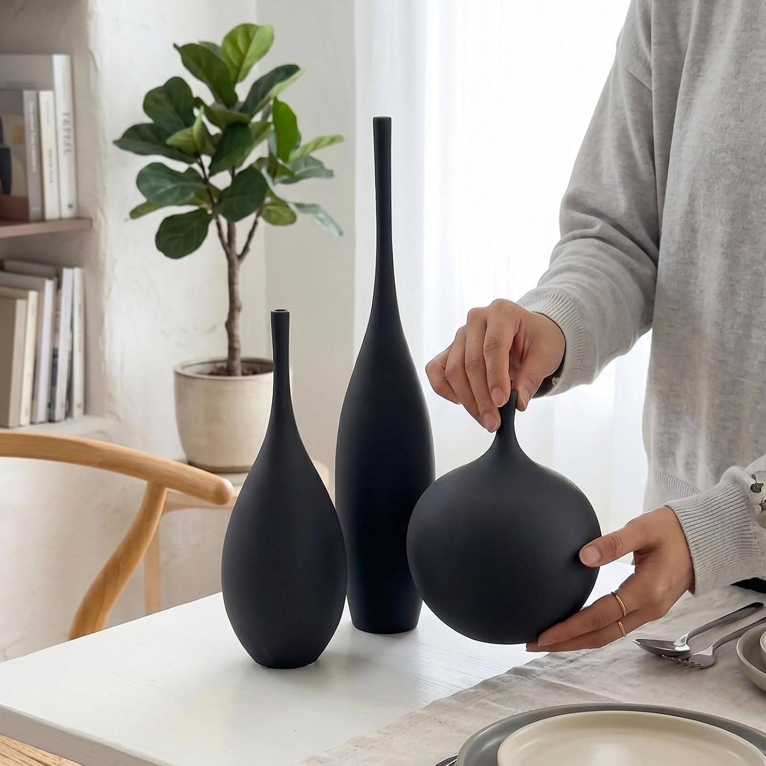 Black Ceramic Vases Set of 3, Modern Boho Vases for Centerpiece Decor, Matte Minimalist Decorative Vases for Home Decor, Living Room, Bookshelf, and Entryway Table Decor