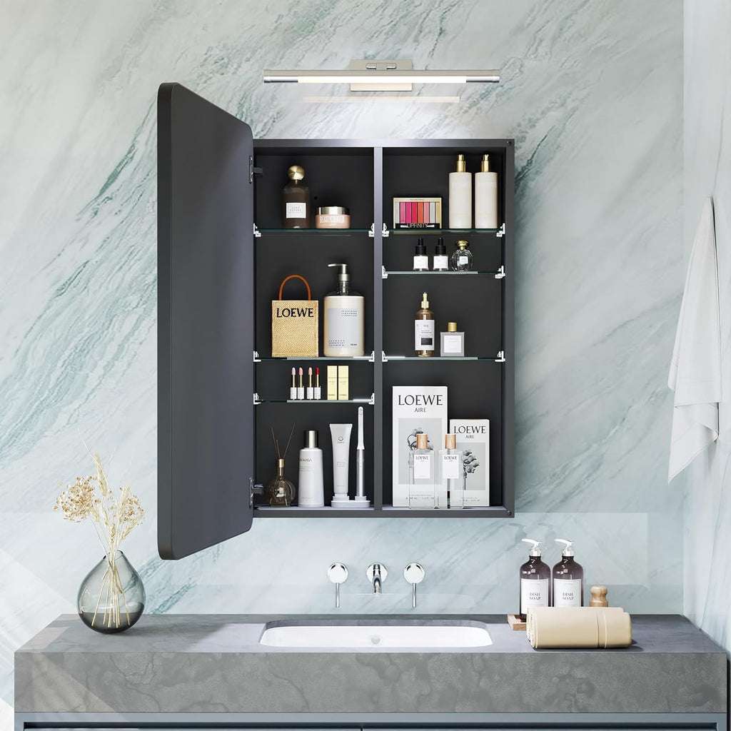 Black Medicine Cabinet with Mirror for Bathroom: 20 x 26 Inch Small Mirrored Vanity Storage with Adjustable Shelves - Surface or Recessed Wall Mount - Matte Black Frame