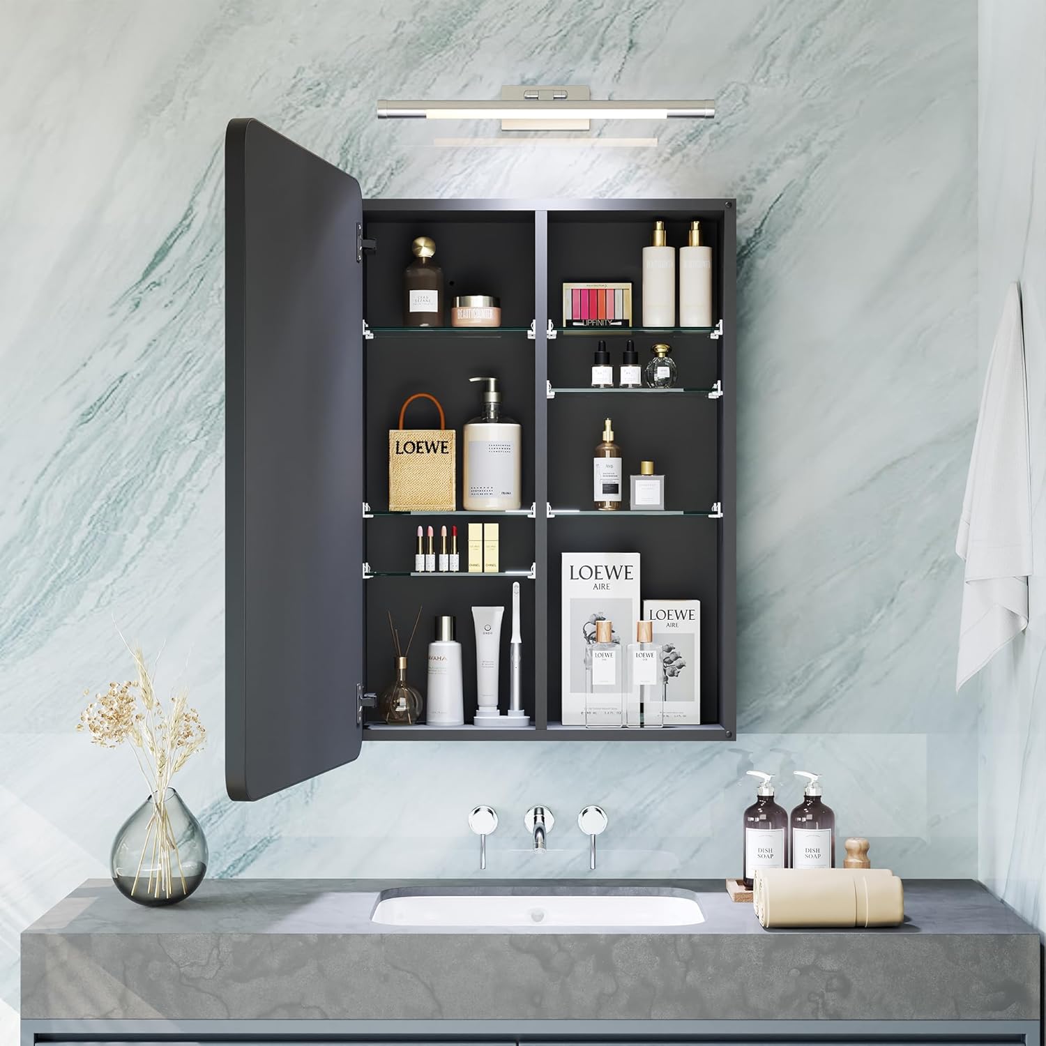 Black Medicine Cabinet with Mirror for Bathroom: 20 x 26 Inch Small Mirrored Vanity Storage with Adjustable Shelves - Surface or Recessed Wall Mount - Matte Black Frame