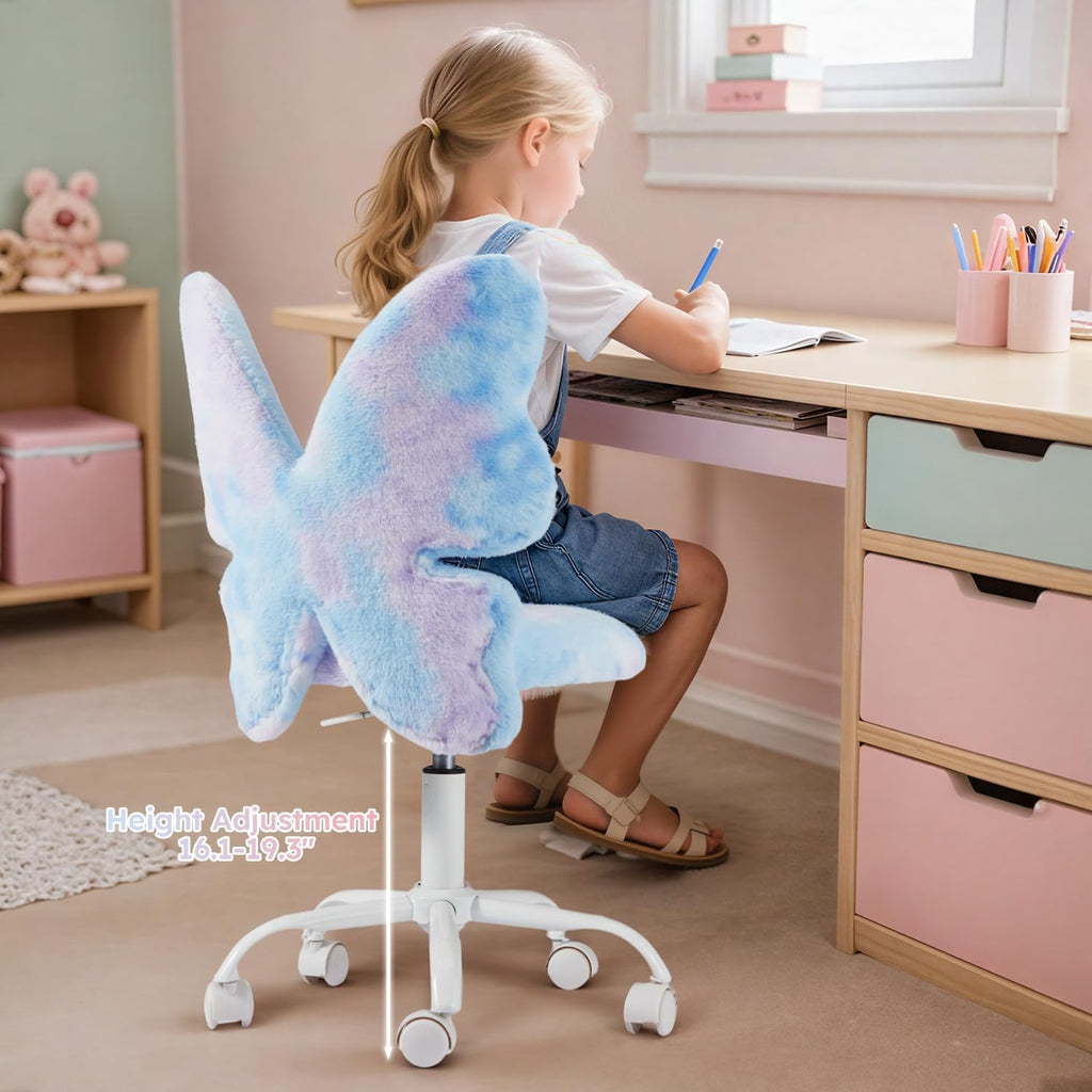 HOMREST Chair with Wheels,Cute Fluffy Desk Chair for Girls with Butterfly Back,Adjustable Seat Height, Faux Fur Swivel Vanity Chairs for Children Bedroom & Reading Room, Study/Vanity,Colorful Blue