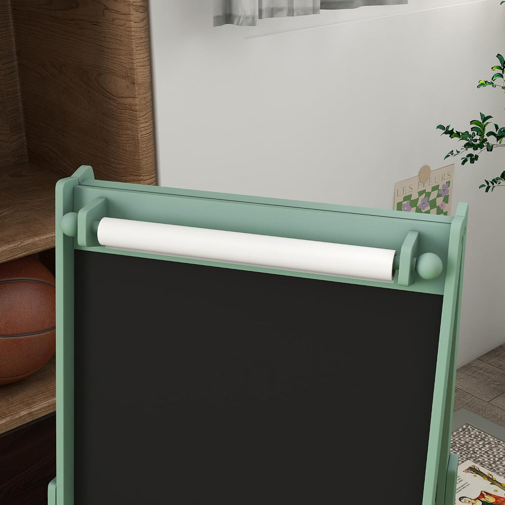 Art Easel for with Paper Roll, 3 in 1 Toddler Painting Easel with Blackboard, Whiteboard, Storage Baskets, Green LB862