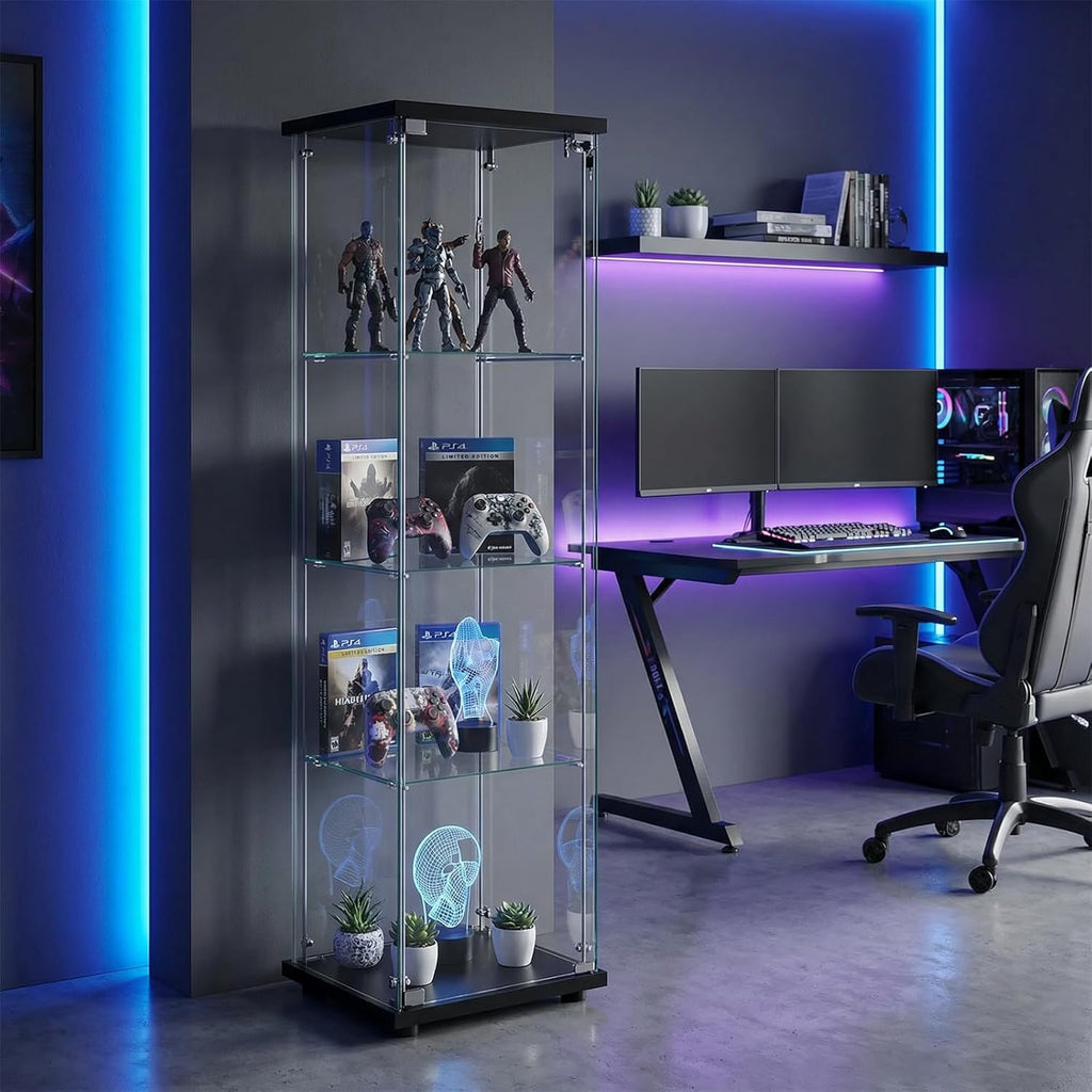 BEAUTYPEAK Tempered Glass Display Cabinet, 4-Tier Curio Cabinet with Glass Doors and Lock, Glass Display Case for Collectibles, for Living Room, Single Door, Black