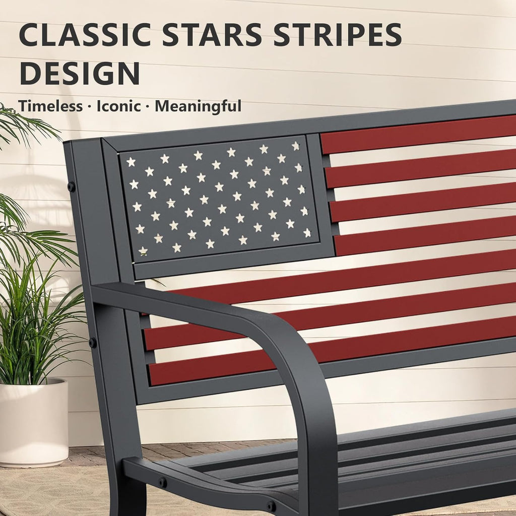 Outdoor Bench, Sturdy Metal Garden Bench with Classic Stars and Stripes Design Metal Backrest, 2-Person Patio Bench for Outside Seating, Cast Iron Steel Porch Yard Lawn Furniture, Red