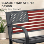 Outdoor Bench, Sturdy Metal Garden Bench with Classic Stars and Stripes Design Metal Backrest, 2-Person Patio Bench for Outside Seating, Cast Iron Steel Porch Yard Lawn Furniture, Red